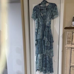 Calvin Klein Blue Patterned Tiered Wrap Maxi Dress